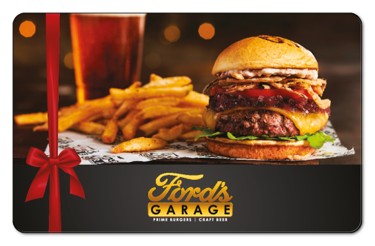 Fords Garage logo with a burger, fries, and a glass of beer over a wooden background